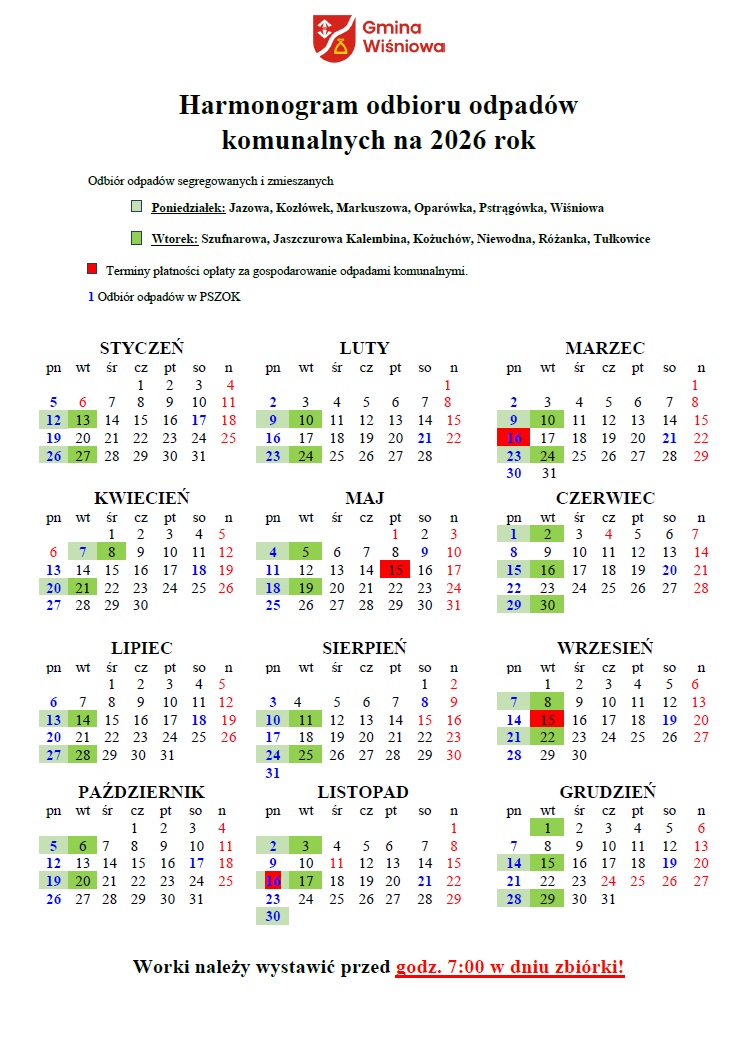 HArmonogram wywozu odpad&oacute;w na&nbsp;2026 rok